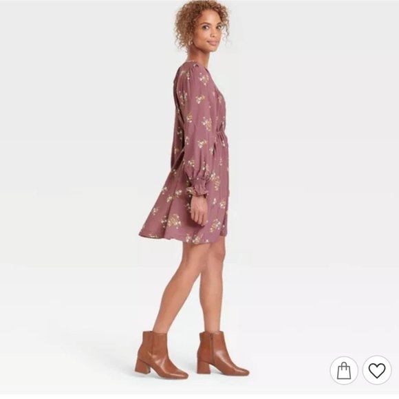 A New Day Women's Long Sleeve Tent Mini Dress Purple Floral Print Belted Small - Picture 11 of 13